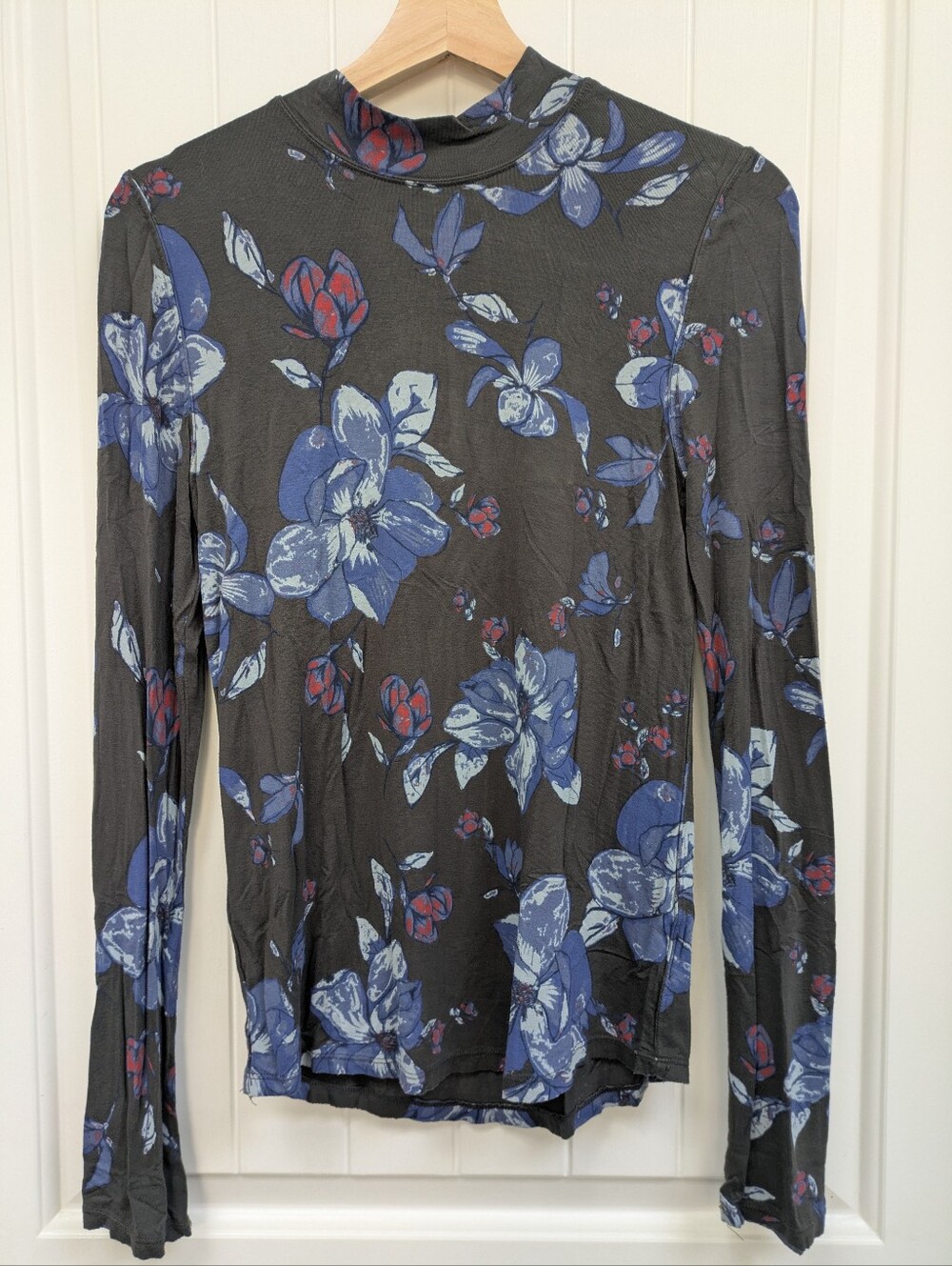Free People Black Long Sleeve Mock Neck Top with Blue and Red Floral Print